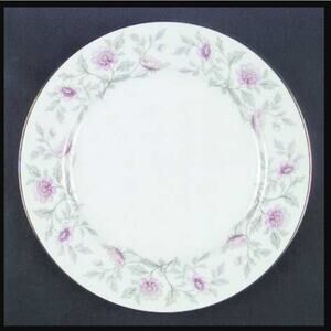 Dinner Plate SHALIMAR by Valmont Pink Flower gray leaves gold band 10 1/4"